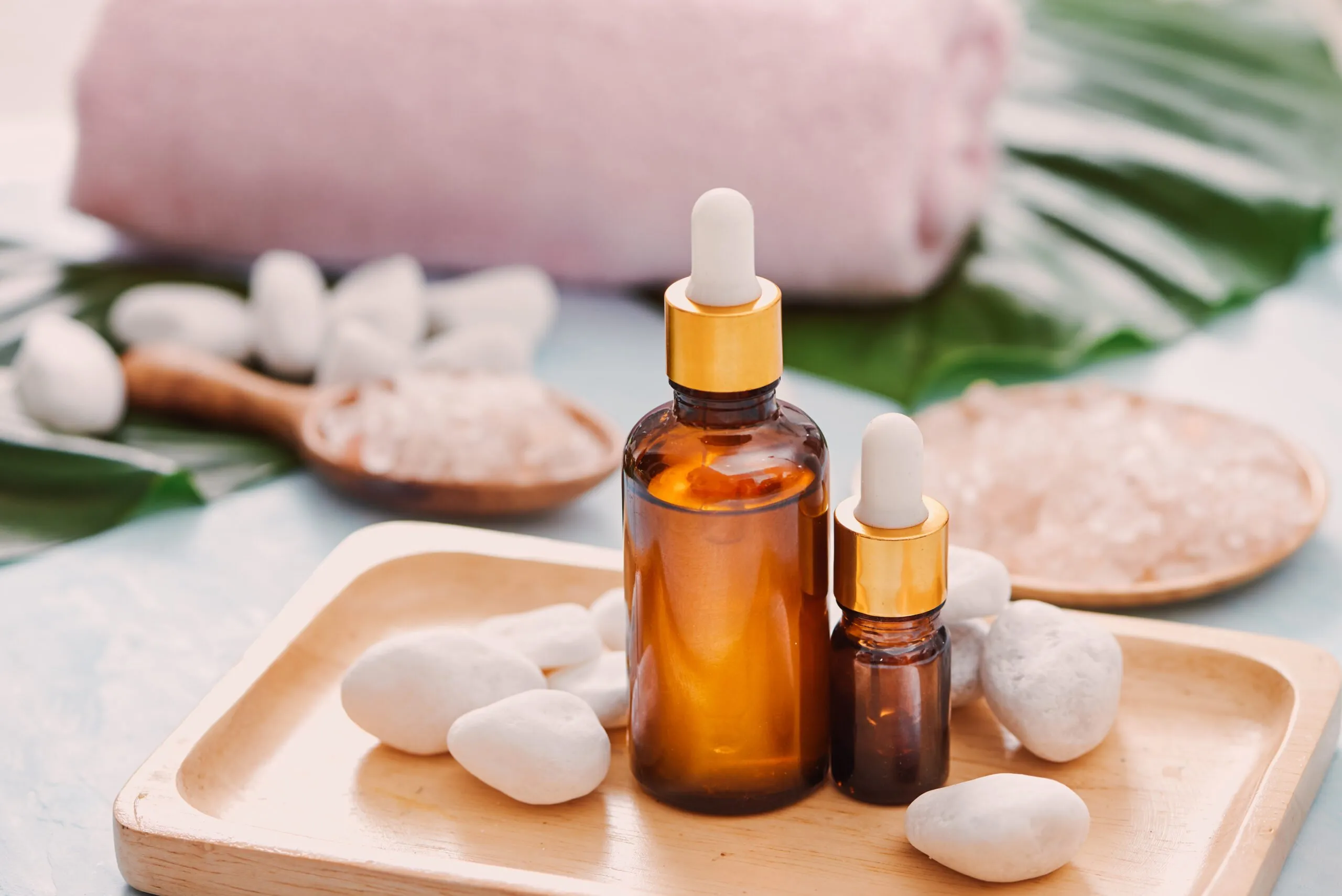 vials and droppers .the natural beauty skincare product for branding with the organic ingredient extract , leaf ,oil and laboratory glass ware