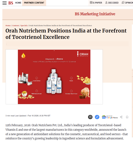 Orah Nutrichem Positions India at the Forefront of Tocotrienol Excellence