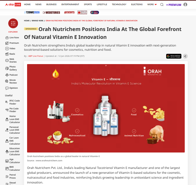 Orah Nutrichem Positions India At The Global Forefront Of Natural Vitamin E